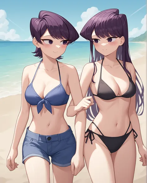 score_9, score_8_up, score_7_up, source_anime BREAK 2girls, Komi Shouko, Komi Shuuko, purple hair, swept bangs, short hair, long hair, medium breasts, bikini, perky breasts, cleavage, collarbone, navel, beach, walking, locked_arms, smile, blush, purple eye...