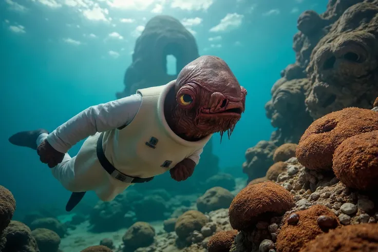 Underwater Photography  Admiral Ackbar swimming underwater near rainbow coral reef near an ancient sunken alien city , Underwater Photography, often for aquatic scenes, marine life, or submerged beauty.