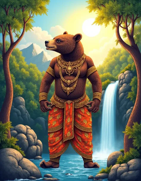 <lora:Thai_Art-000004:1>A bear wearing traditional Thai clothing in the middle of a forest with a waterfall and rocks and the sun,thai art syle