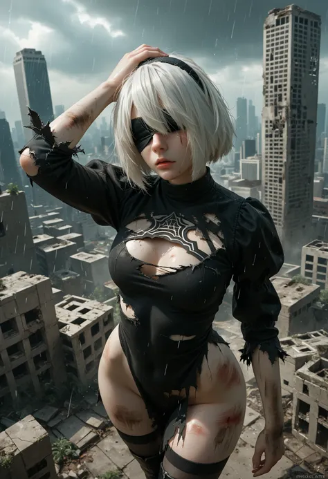 background city in ruins,skyscraper,skyline,fire particles,highly detailed skin,rain,solo,1girl 2b,nier_automata,white hair,blac...