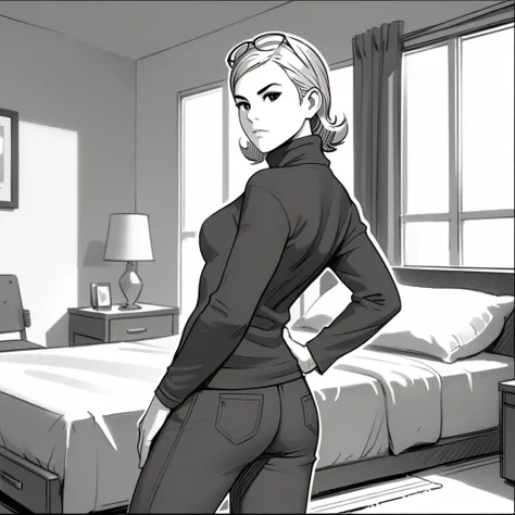 score_9, score_8_up, score_7_up, 1girl, solo, uncensored, irishoteldusk,  looking at viewer, serious, hand on own hip, closed mouth, looking back, sweater, pants, turtleneck, eyewear on head, sketch, graphite (medium), pencil style, indoors, hotel room, be...