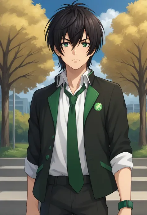 score_9, score_8_up, score_7_up, source_anime, highly detailed, 
taiga, 1boy, male focus, solo, necktie, green necktie, shirt, white shirt, jacket, black jacket, open jacket, open clothes, rolled up sleeves, black pants, black hair, green eyes, jewelry, br...