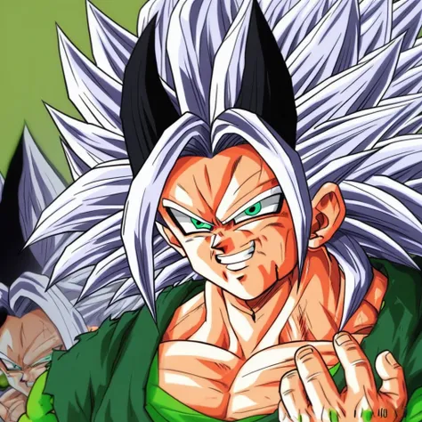 two black horns, green accessories, solo, aqua eyes, angular eyebrows, pointed black ears, 1boy, super Saiyan 4, black bone on Paws, green soles, sleeves, green outfit, super saiyan 4 eyes, spiky silver-white hair, black shoes, goku eyes Dragon Ball, two r...