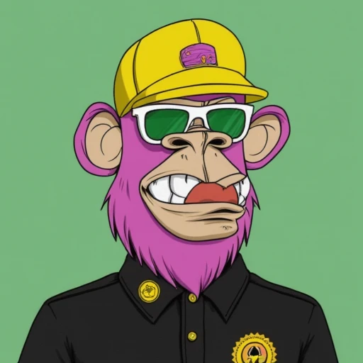 green background, black shirt, yellow headwear, shirt, open mouth, animal ears, peaked cap, baseball cap, furry, sunglasses, black eyes, monkey, parody, what, white headwear, smile, badge, emblem, purple background, furry male, pink hair