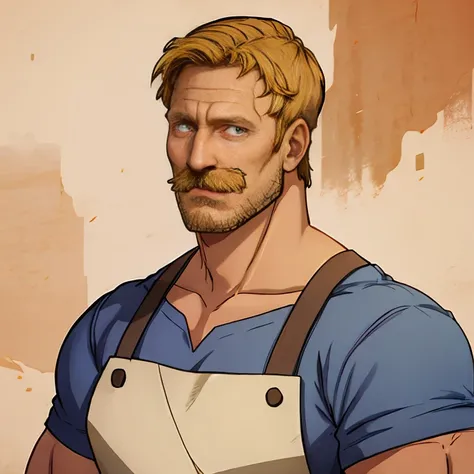 (RAW photo), absurdres, <lora:HourouButcher:0.85>, houroubutcher, muscular male, apron, blue shirt, portrait, (mature male:0.7), brown eyes, mustache, dirty blonde hair