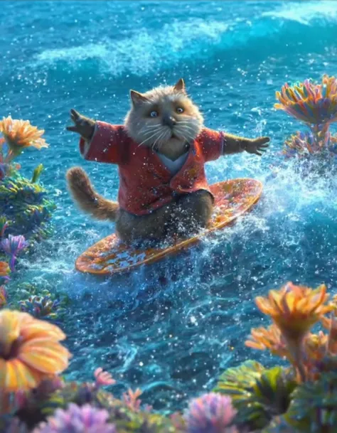 a picture  of a cat dressed in a traditional kimono, surfing a wave. The sea is crystal-clear, with coral showing through, in the style of Deep_Sea movie  <lora:Deep_Sea_-_Shen_Hai_-_Le_royaume_des_Abysses_r2:1>