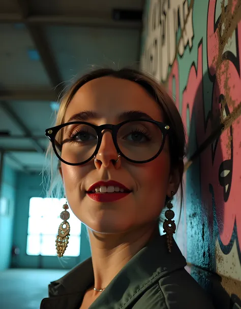 A close-up image of M1LL13H, a striking woman with a unique aesthetic, is captured from a low angle, highlighting her expressive eyes framed by large, round black-rimmed glasses and adorned with intricate, glittering earrings. Her lips are painted a bold, ...