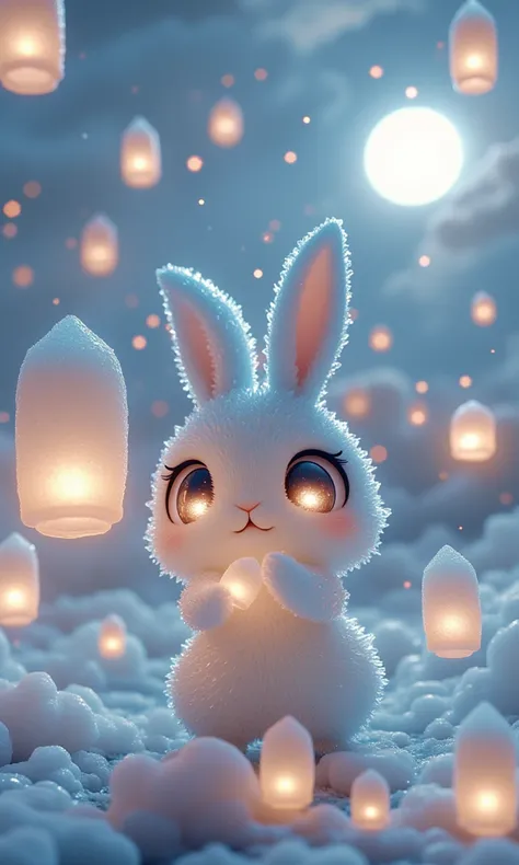 xs_tangjing, 
xs_tangjing, a soft, fluffy chibi bunny surrounded by glowing lanterns made of sugar-like crystals, gently holding them as they float up toward the sky. the full moon glows brightly in the background, casting a warm, magical light over the sc...