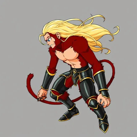 monkey tail, long hair, black nails, simple background, grey background, red fur, armor, blonde hair, blue sky, topless male