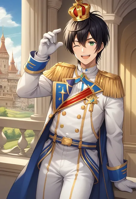 score_9, score_8_up, score_7_up, source_anime, highly detailed, 
taiga,1boy, male focus, crown, solo, green eyes, one eye closed, black hair, gloves, epaulettes,smile,
uniform, white gloves, open mouth, mini crown, white pants,
indoor, palace,