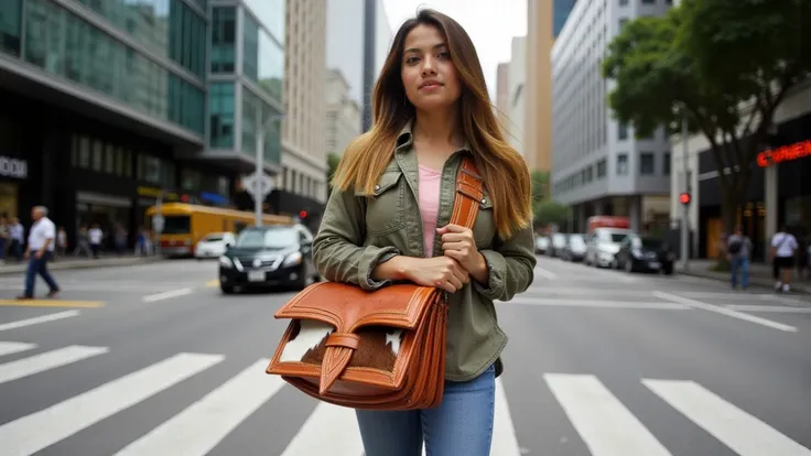 <lora:carriel_colombiano-000001:1>A young person walking looking to the camera through a modern city, wearing a traditional Colombian carriel slung over their shoulder. The carriel, is a typical colombian handbag,  crafted from leather with cowhide accents...