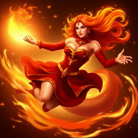 a 16k high quality image of Lina with fiery hair, she is floating in the air, large breasts, petting a fire dragon casting a fire spell, photorealistic style <lora:Lina:1>