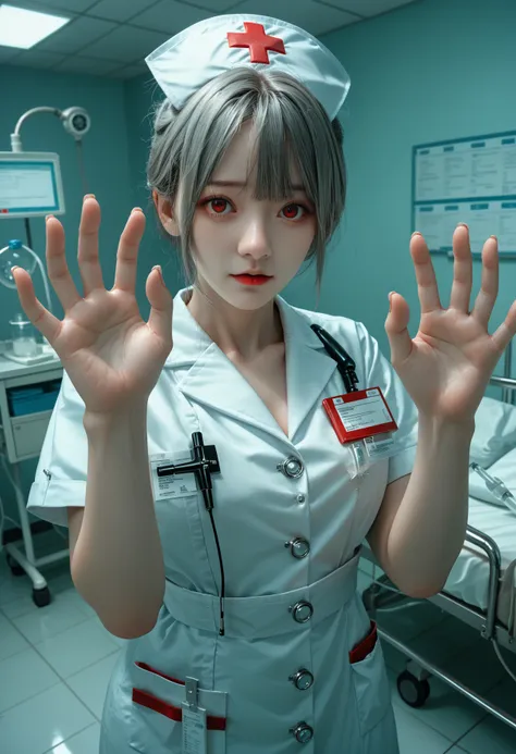 1girl,dark_grey_hair,air_bangs,red_eyes,hands up,nurse uniform,in the hospital,the background is a complex ward,various medical equipment,frome_above,, score_9,score_8_up,score_7_up,beast_quality,masterpiece,