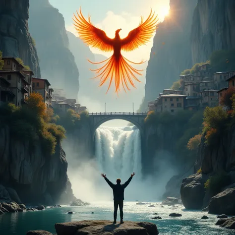 cinematic film still  <lora:Laura_Flux_Ahkinama:1>In stunning 8K ultra-realistic detail, a lone man stands at the edge of a riverbank, his hands raised in joy, fully immersed in the breathtaking scene before him. Towering cliffs rise majestically on either...