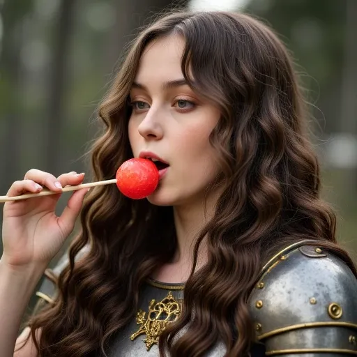 a female knight in fantasy armor licks an oversized lollipop