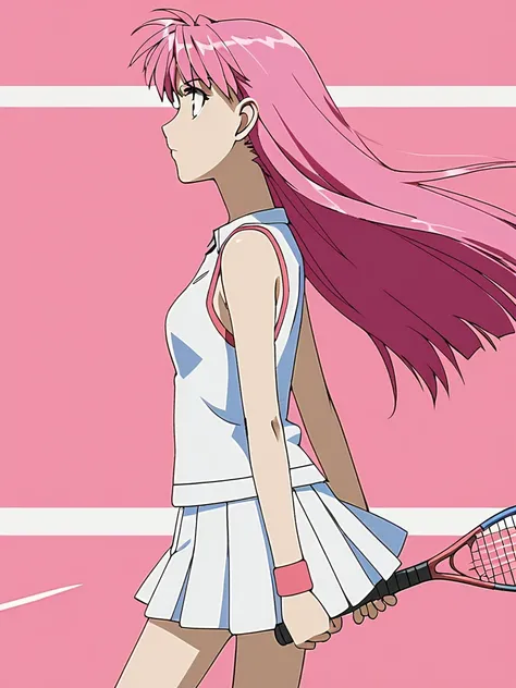 <lora:boku-no-marie-pony:1> 
1girl, solo, tennis uniform, long hair, pink hair, sportswear, skirt, profile, racket, tennis racket, pleated skirt