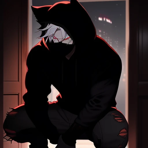 1boy, crouched behind a door, holding a knife, black hoodie, rolled up sleeves, black gloves, grey hair, face mask, red eyes, wolf ears, wolf tail, ripped skinny jeans, dark, night, dynamic lighting