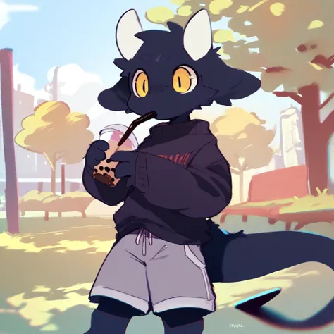 score_9_up, score_8_up, score_7_up, source_furry, mikus-CopiTheCat, black dragon, black body, white horns, yellow eyes, park, holding, bubble tea, black sweater, gray shorts, 1boy, solo