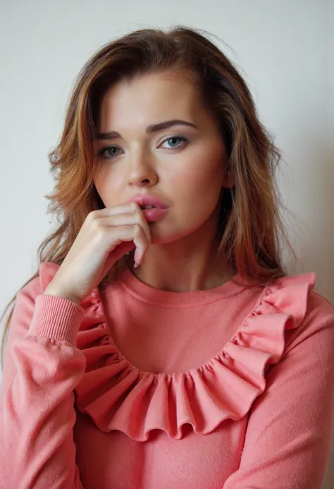 Imagine an Polaroid with dramatic lighting photograph featuring a closely cropped upper body shot of a physically based rendered fashion model MoCShaRizel (woman:1.5) posing for a portrait. She is wearing a richly colorful (Ruffled yoke sweater: Soft pink ...