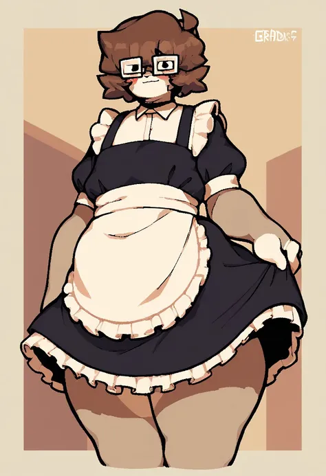 score_9, score_8_up, score_7, by theelgenerate, maid dress, male, 1boy, chubby, wide hips, blushing, short hair, nerdy glasses, holding skirt, looking at viewer