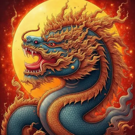 <lora:thaiunique_ai:1.5>,An intricately detailed depiction of a mythical Thai dragon (or Naga), with vibrant, ornate scales and flowing, fiery mane, encircled by a glowing golden sun. The dragonâs head is fierce, with glowing eyes, sharp fangs, and a dyn...