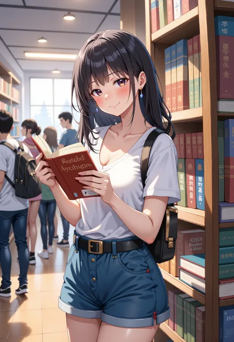 This is digital illustration in the anime style, depicting a young woman in casual outfit. She stands while reading book in the book store. The scene is crowded with people. She smile directly to camera