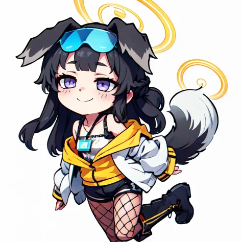 ((masterpiece,best quality)), absurdres,  ,,, <lora:BlueArchiveChibi:0.7>,  white background, chibi, smile, solo,  ,,, <lora:Hibiki_BlueArchive_Citron:0.8>, zzHibiki, yellow eyes, black hair, long hair, animal ears, dog ears, dog tail, halo white jacket, b...