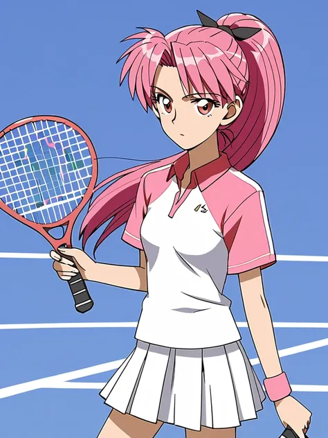 <lora:boku-no-marie-pony:1> 
1girl, solo, skirt, ponytail, racket, pink hair, tennis uniform, long hair, shirt, tennis racket, sportswear, pleated skirt