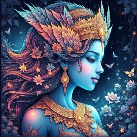 <lora:thaiunique_ai:1.5>,Create a vibrant, intricate artwork inspired by Southeast Asian mythology. Depict a serene goddess-like figure with flowing hair, adorned in detailed golden jewelry and a radiant headdress with feathers. Her skin is a luminous blue...