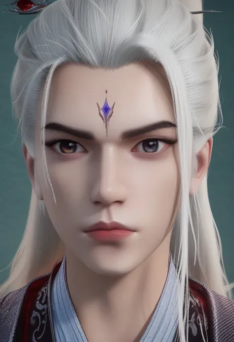 score_9, score_8_up, wanglin, 1boy, solo, white hair, ponytail, extremely detailed face, focus on eyes, cinematic focus and light, 16k, 32k, looking at viewer, flirty,soft lighting to cast gentle shadows on the subject, out, vibrant colors, perfect lightin...