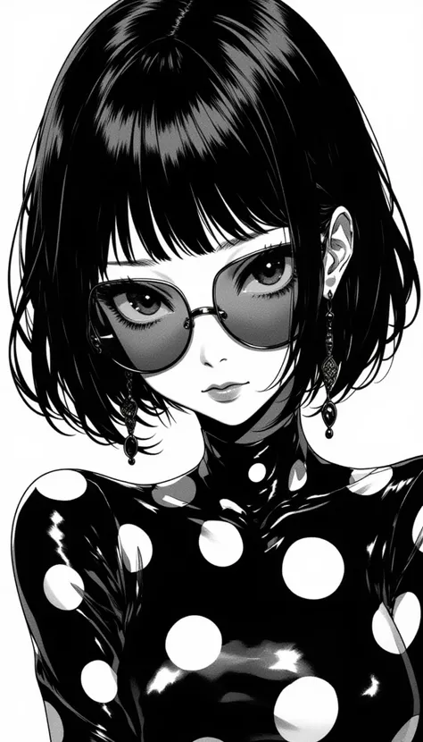 A black and white illustration of an anime girl with short hair, wearing sunglasses and earrings. She is dressed in a glossy latex dress covered in large polka dots. Her skin has a metallic color, and her eyes look mysterious. The artwork style should have...