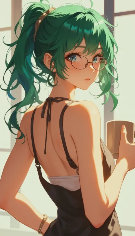 Young woman, back,wavy hair, cup, glasses, green hair, long hair, looking at viewer, mug, ponytail,solo, tank top, upper body,mia