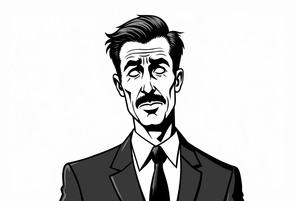 NCFE, a black and whie image of a man in a suit, he has a small straight mustach and his hair is slicked back and greasy, he is nervous and it is drawn in the style of a line cartoon