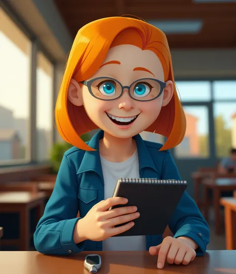 HDR photo of Zoyproud, blue_eyes, orange_hair, glasses, jacket, shirt, holding_notebook, room,school,smile,table, <lora:Zoyproud:1> . High dynamic range, vivid, rich details, clear shadows and highlights, realistic, intense, enhanced contrast, highly detai...