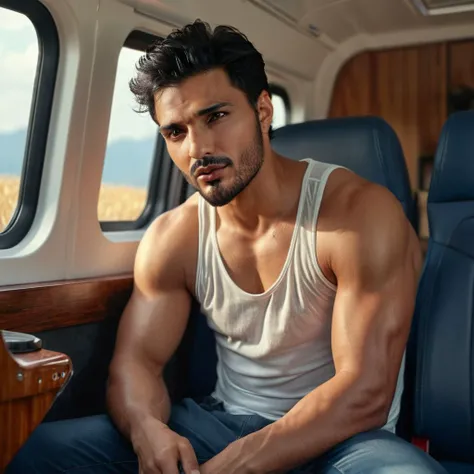 low camera shot, Mats Hummels a man <lora:vin-Mats-Hummels:1>, rugged, detailed face, sitting legs crossed inside cabin lorry, legs dangling, wearing tank top, sunlight, barefoot, masterpiece,8k,depth of field, bokeh, detailed,sharp focus,  elegant, cinema...