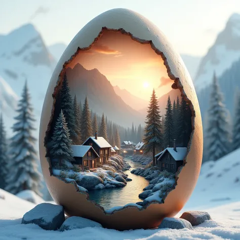 <lora:Laura_Flux_A_Timeless_Fusion_of_Ancient_Wonders_and_Futuristic_Marvels:1>"Inside the cracked egg, a serene mountain village rests. Stone cottages are nestled among pine trees, with snow-capped peaks in the distance. A river flows through the village,...