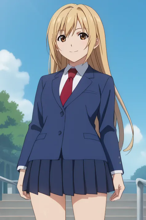 score_9, score_8_up, score_7_up, source_anime, rating_safe, intricate details, anime screencap, official style, 1girl, <lora:Minami_Haruka:1>, haruka, blonde hair, brown eyes, long hair, collared shirt, red necktie, blue blazer, school uniform, pleated ski...