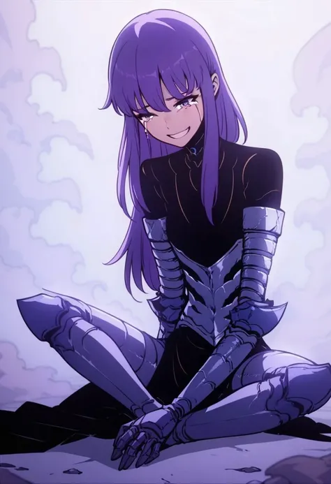 Score_9, score_8_up, score_7_up, 1girl, esil, purple hair, armor, bright smile, tears, sitting on the ground,