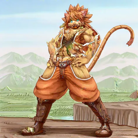 lion ears, sky, mountain, calua napage, vest, male focus, standing, animal ears, day, gradient background, navel, simple background, fangs, green eyes, muscular, 1boy, solo, belt, midriff, furry male, tail, abs, outdoors, hand on hip, open mouth, fang, bar...