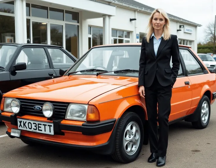  photograph of an escort xr3i in metallic orange on a dealership forecourt, next to the car stands a 1980s woman with blonde hair wearing a business suit