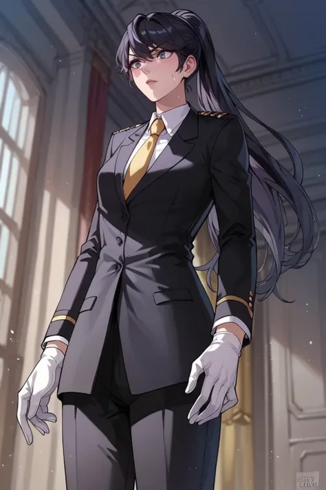 score_9, score_8_up, score_7_up, score_6_up, source_anime, rating_explicit, 1girl, smil body, standing, medeuim breast

long hair, black hair, ponytail, necktie, pants, white gloves, formal, suit, gloves