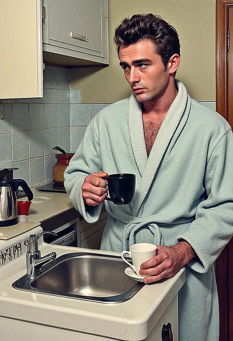 Jame3Dean, James Dean making a cup of coffee in his 19502 kitchen