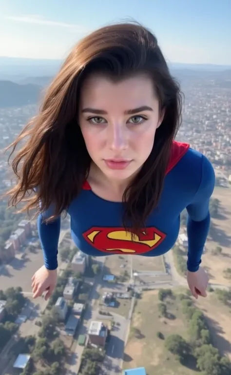 Sarah McDaniel has heterochromia  is supergirl flying over a city <lora:SarahMcDaniel:0.9>