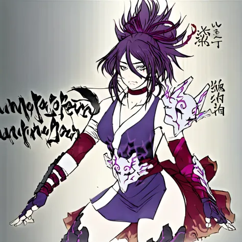 Emotionless eyes, collarbone, Pony tail, simple background, mole, 1girl, breasts, 1boy, sandals, purple hair, thighhighs, hair between eyes, White skin, ninja leg armor, ninja, reverse grip, closed mouth, Red choker