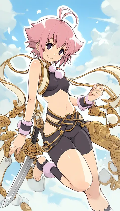 score_9, score_8_up, score_7_up, source_anime, rating_explicit, BREAK  <lora:Sugar_Ver2.0_XL:1> Sugar, short hair, ahoge, antenna hair, weapon, purple eyes, pink hair, dagger, knife, 
bare shoulders, shorts, midriff, fur trim, bike shorts, crop top, anklet...