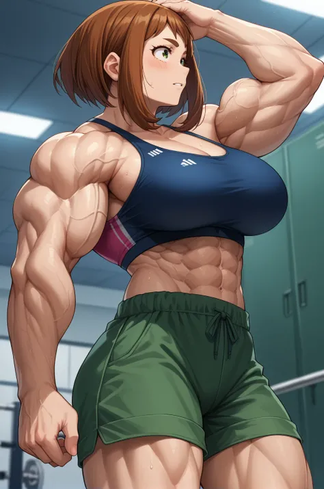 score_9, score_8_up, score_7_up,score_6_up,score_5_up,score_4_up, source_anime,1girl, solo, female,,(three-quarter portrait:1.5),,(Huge Muscles:1.2),huge breasts,abs,Huge body, (bulging muscles:1.2),ochako uraraka, cargo shorts, sports bra, gym backround,