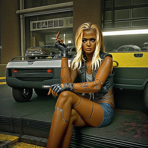 sitting, 1girl, dark skin, fingerless gloves, motor vehicle, cigarette, blonde hair, car, censored, crossed legs