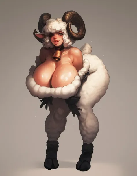 score_9, score_8_up, score_7_up, score_6_up, score_5_up, score_4_up, 1girl, neck bell, horns, bell, solo, breasts, sheep girl, tail, gloves, sheep ears, animal ears, white hair, sheep horns, thighs, black gloves, choker, colored skin, thick thighs, off sho...