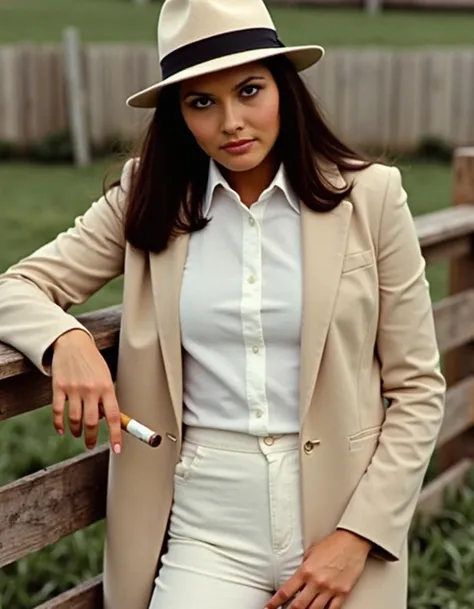 laugeser, young woman wearing a white shirt and a beige long jacket, standing and leaning slightly on a fence, she is holding a cigar in one hand and wearing a beige hat with a black ribbon