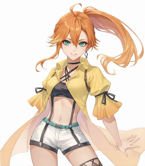 score_9, score_8_up, score_7_up,
1girl, solo, 
 <lora:JudithKai:0.9>, Judith Ranster, orange hair, two-tone hair, ponytail, ahoge, aqua eyes, medium breasts, single earring, choker, yellow coat, black bandeau, white shorts, suspenders, fishnet thighhighs, ...